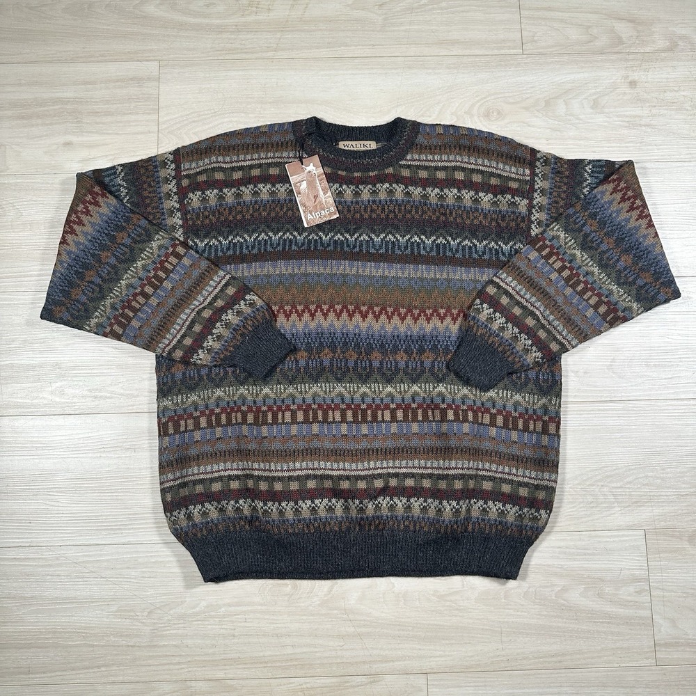Waliki Mens XL 100% ALPACA Hair Multi Colored Aztec Stripe Sweater Hand Loomed